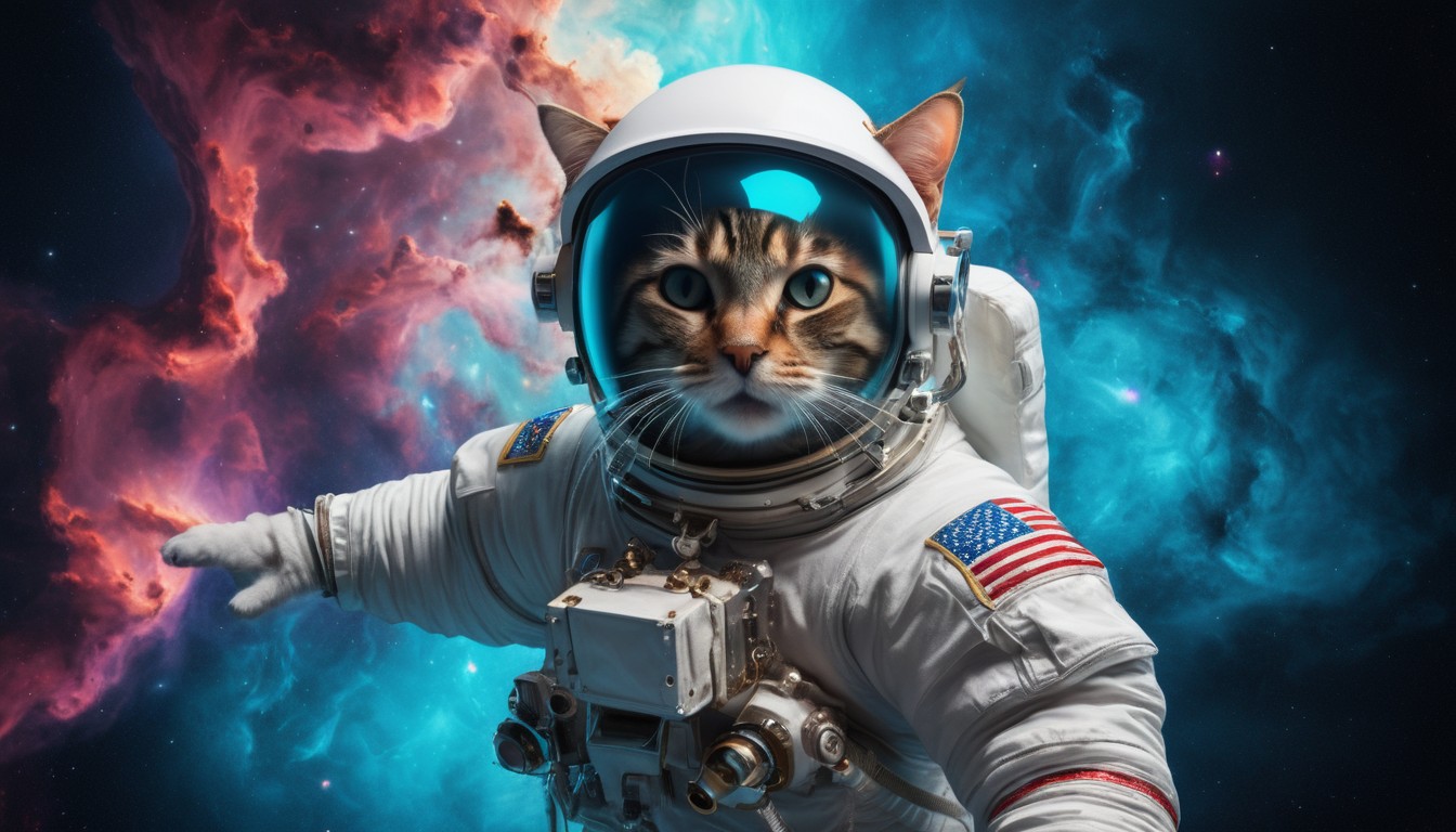 a humanlike cat astronaut floating through the blue