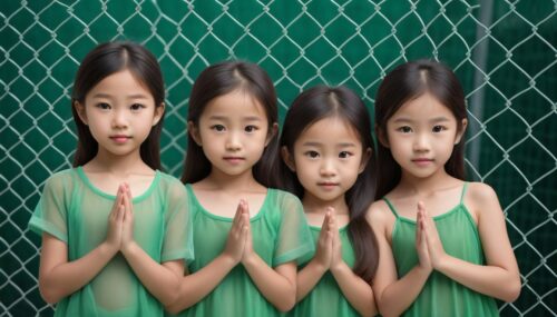 only 3 beautiful 9-year-old Asian girls that wearing beautiful cloth are standing behind a green mesh fence with their hands holding the mesh fence. Completely without background, perfect symmetrical face, photorealistic, ultra realistic, elegant, intricate, highly detailed, depth of field, front view, 8k, shot on 65mm, 22 megapixels --q 4 --ar 9:16 --v 4