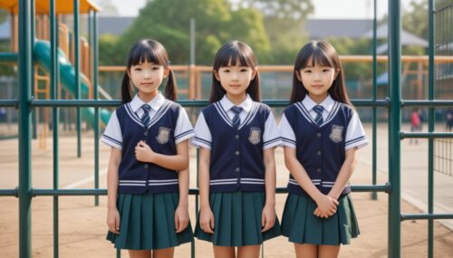 Just 3 beautiful 9 year old Asian girls in cute school uniforms in school environment holding metal fences. In the symmetrical background and behind them is a large, beautifully detailed playground where 6 9-year-old Asian boys are playing., realistic, super realistic, delicate, complex, high detail, depth of field, 8k , 22 megapixels --q 4 --ar 9:16 --v 4