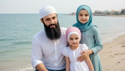 Man with beard and muslim cap with wife in hijab with two cute daughters on sea side