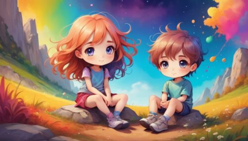 AI art, cute chibis, landscape frontal of whimsical and colorful siblings, boy and girl, fair complexions, youthful features, wide open eyes, vibrant hair colors. color blast background, both sitting