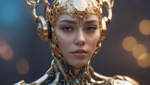 Hyper-realistic medium shot portrait with hyperdimensional artificial humanoid being. beautiful intricately detailed, with regularly textured bioluminescent skin, ornate, hyper futuristic. Character created by artstation, Golden hour, bokeh, creature, digital art by tooth wu and wlop and android jones and beetle and greg rutkowski --s 1000 --c 100 --q 2 --ar 2:3 --v 4