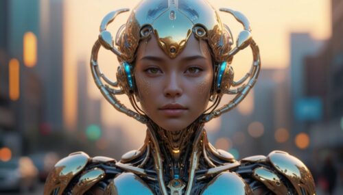 Hyper-realistic medium shot portrait with hyperdimensional artificial humanoid being. beautiful intricately detailed, with regularly textured bioluminescent skin, ornate, hyper futuristic. Character created by artstation, Golden hour, bokeh, creature, digital art by tooth wu and wlop and android jones and beetle and greg rutkowski --s 1000 --c 100 --q 2 --ar 2:3 --v 4