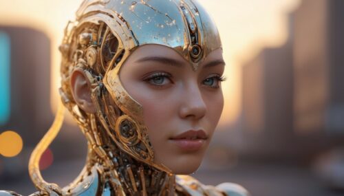 Hyper-realistic medium shot portrait with hyperdimensional artificial humanoid being. beautiful intricately detailed, with regularly textured bioluminescent skin, ornate, hyper futuristic. Character created by artstation, Golden hour, bokeh, creature, digital art by tooth wu and wlop and android jones and beetle and greg rutkowski --s 1000 --c 100 --q 2 --ar 2:3 --v 4