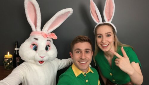 Easter Bunny and elf on the shelve selfie