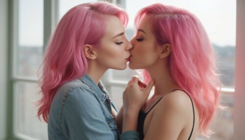 two women with pink hair hug and kiss passionately, sunny day, wide window background