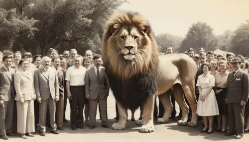 retro photos A very large lion stood with a group of people.
