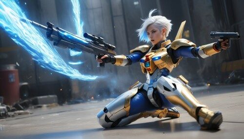 photorealistic, detailed flying hair, urbanpunk, more colorful, girl fighting at war, lying on the floor aiming with a sniper gun, body is adorned with glowing golden runes, intense blue aura around him, wearing light gundam armor, short white hair is blowing in the wind, fighting at war, trending on artstation, extreme details, cinematic, shiny, surreal, divine, celestial, manga, anime, intricate details, very detailed and intricate armor, octane render, dynamic epic action pose, dynamic angle, perfect realistic skin pores, cinematic lighting, 4k, hyperrealistic, focused, high details, unreal engine 5, cinematic, sharp focus, hard surface, colorful shot, stormy weather, tons of flying debris around her, dark city background, modifier=