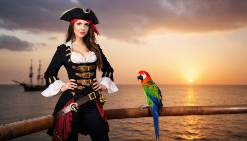 A beautiful  girl wearing a pirate costume standing on a pier with a pirate ship and sunset background. The girl was holding a pirate gun, a parrot was on her shoulder.