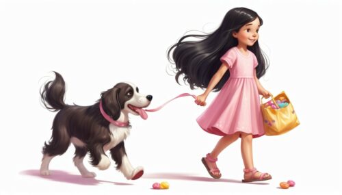 dream shaper style, childrens book illustrations, young girl with long black hair wearing a pink dress and sandals, walking with her pet dog, the dog has brown fur, the girl is holding a bag of candies
