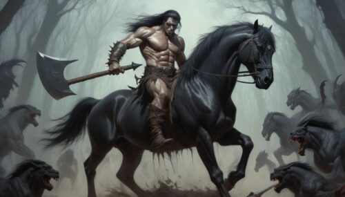 Drawing of a barbarian warrior, holding an ax, riding a black horse, fighting, surrounded by monsters. Horror, Fantasy Art, Fantasy Horror Art, Rob Ray, Dark Fantasy Horror Art. Elegant Horror Art Tom Bagshaw Donato Giancola Horror Art Tom Bagshaw Studio Weta Scary Smile Horror, Tom Bagshaw and the Vampire Sabbas Apterus by Dave Dorman Inspired by Bob Byerley, unreal engine, greg rutkowski, loish, rhads, beeple, makoto shinkai and lois van baarle, Ilya Kuvchinov, Rossdraws, Tom Bagshaw, Alphonse Muya, world-class lighting, detailed and complex environments