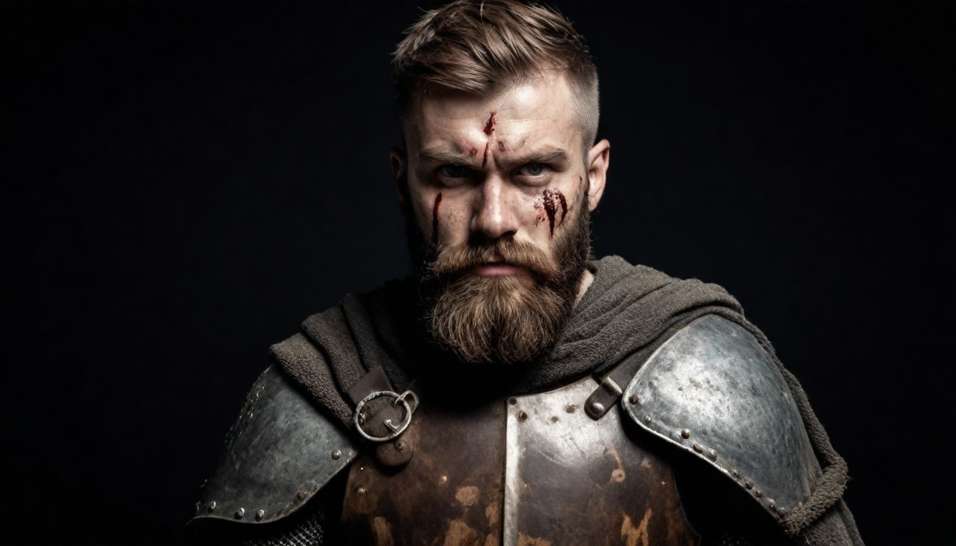 Portrait of one brutal bearded man medeival warrior