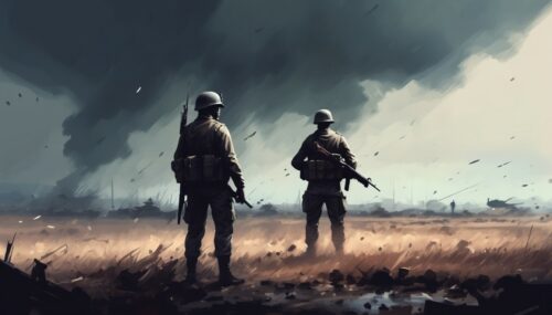 soldier standing alone after the war in battlefield, digital art style, illustration painting