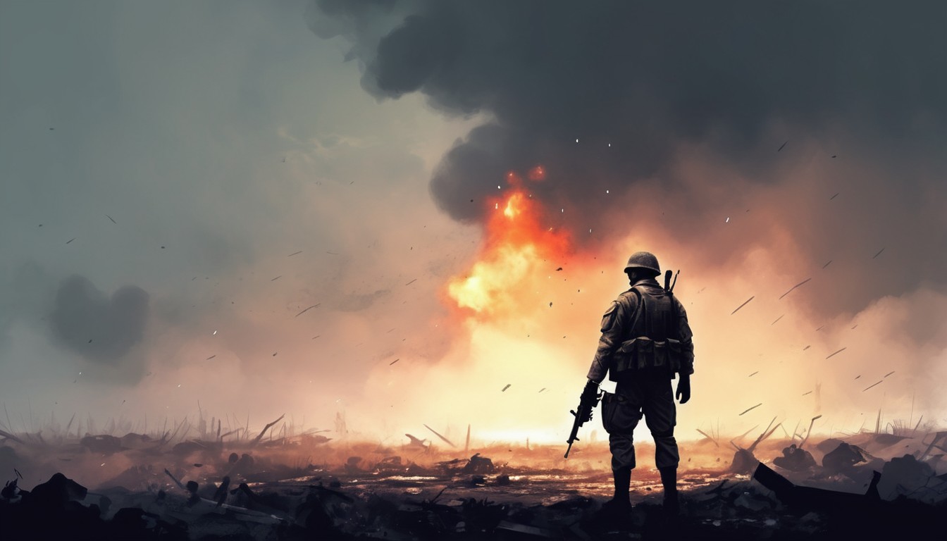 soldier standing alone after the war in battlefield