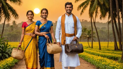 Sinhala and hindu new year wishing image for a travel company with sun, traditional Sri Lankan couple wearing the traditional Sinhalese dress, travel bags