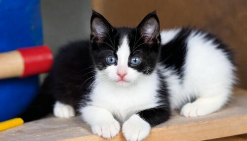 black white kitten with carpenter family 
