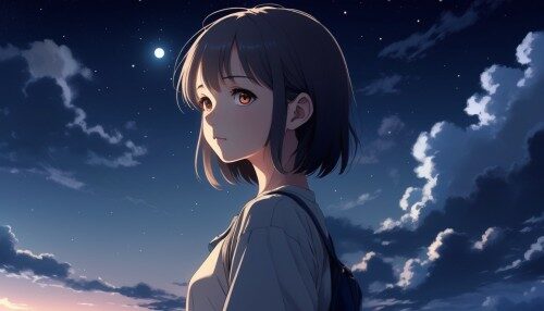 girl in light clothing, style artist oyari ashito, against the night sky, summer night, portrait, serenity, innocence, dreaminess, manga graphics, anime, drawing, dark exposure, bright colors, the highest quality, the highest detail, first-person view, dark tones, Clouds --q 2 --ar 9:16