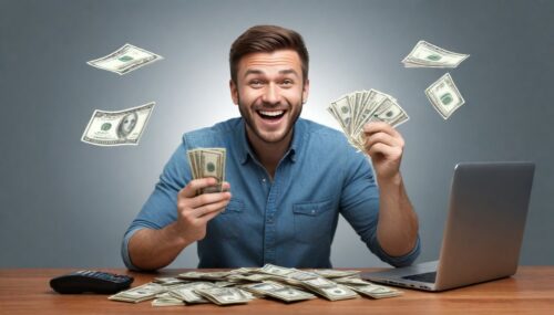 makes an image of a happy man with a lot of money and realistic, digital marketing with a lot of money on the table and computer and cell phone. ultra realistic image.