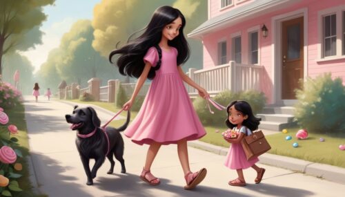 dream shaper style, childrens book illustrations, young girl with long black hair wearing a pink dress and sandals, walking with her pet dog, the dog has brown fur, the girl is holding a bag of candies