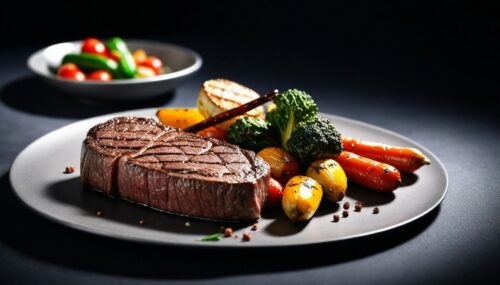 Food photography, grilled beef,grilled vegetables,in a luxurious Michelin kitchen style, studio lighting, depth of field, ultra detailed --q 1