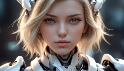 A close-up photo of a very beautiful mecha girl, with dark tips beige blonde hair, angelic face, seductive eyes, pouty thin lips, white-silver armor, head accessories, HDR, ultra high-detail, bokeh, light bloom, cinematic lighting, illumination, depth of field, concept art, unreal engine 5, RTX, photorealistic