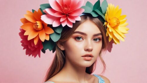 disposable photography of beautiful fashion model, wearing huge flower hairband, 8k, anime