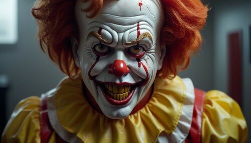 ronald mcdonald as a horror film, highly detailed face by greg rutkowski and magali villanueve, cinematic lighting, Hyperrealism,