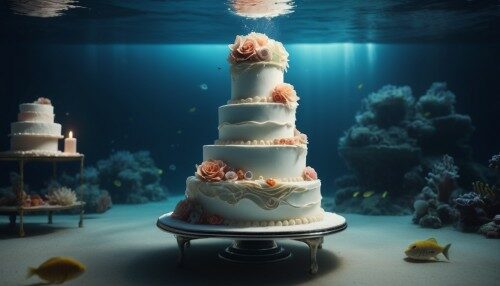 underwater, (((wedding cake))), photography, realistic, photo-realistic, 8k, highly detailed, full length frame, High detail RAW color art, diffused soft lighting, shallow depth of field, sharp focus, hyperrealism, cinematic lighting, knollingcase