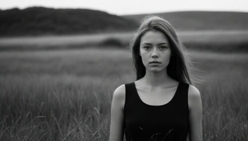 a young woman standing in the grass, in the style of stark black-and-white photography, hasselblad 1600f, coastal landscapes, expressive facial features, dutch landscapes, soft atmospheric scenes, powerful portraits --ar 68:128 --stylize 750 --v 5.2
