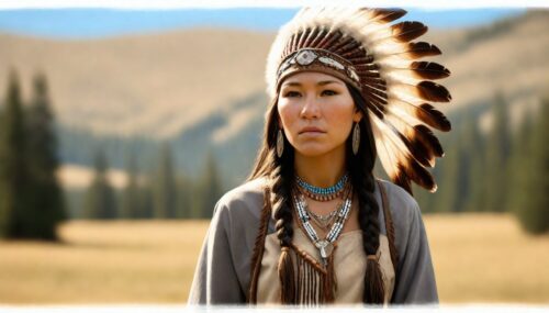 Marisa Quintanilla as Sacagawea, young beautiful native american woman, perfect symmetrical face, feather beaded jewelry, traditional handmade dress, handmade moccosains, armed female hunter warrior, wild west environment, Montana landscape, photorealistic, ultra realistic, elegant, intricate, highly detailed, depth of field, front view, 8k, shot on 65mm, 22 megapixels --q 4 --ar 9:16 --v 4