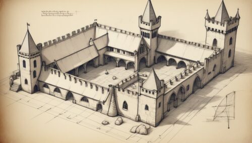 detailed with notes, ink sketch of medieval preschool slick design clean lines blueprint perfect awesome