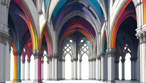 Gothic architecture, colorfully, horizontal, Illustration, white background, perspective