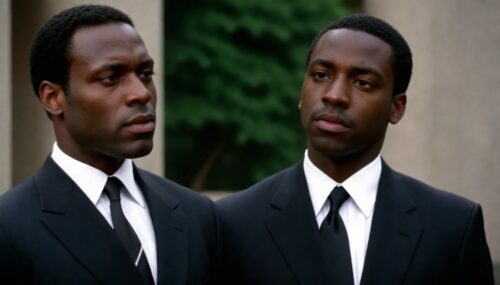 image of a rich black man in a suit and tie next to a black man in a torn suit