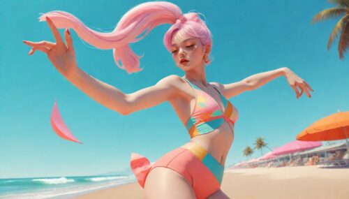 a woman in a dynamic pose wearing a beach wear, designed by Gucci::3, tumblr, inspired by Yanjun Cheng style, digital art, lofi girl internet meme, trending on dezeen, catalog photo, 3 d render beeple, rhads and lois van baarle, cartoon style illustration, bright pastel colors, a beautiful artwork illustration, retro anime girl --ar 2:3 --q 2