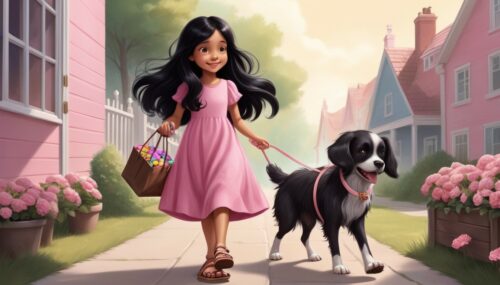 dream shaper style, childrens book illustrations, young girl with long black hair wearing a pink dress and sandals, walking with her pet dog, the dog has brown fur, the girl is holding a bag of candies