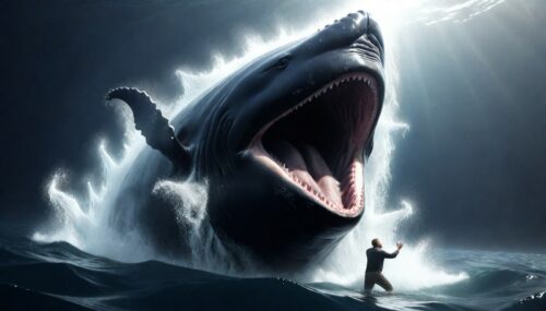 create a hyper realistic image of jonah the prophet being swallowed by a whale, ultra HD 64k studio lightning light reflection