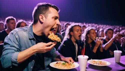 The man is eating at a concert.