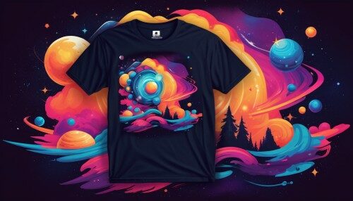 Create a vibrant and abstract T-shirt design inspired by the theme of cosmic exploration.