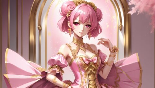 Anime girl in fancy clothing, pink and gold