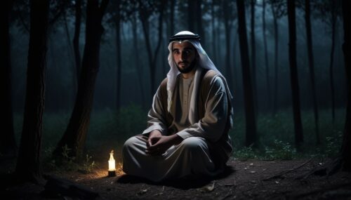 An arab is sitting in the forest in the dark