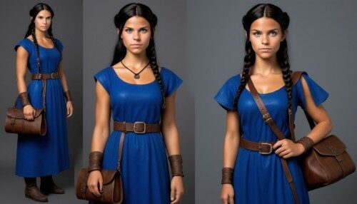 21st century woman, 5ft Brown eyes, black hair tanned girl,  ankle length, royal blue Viking dress, Her small BLACK leather bag hung at her side, transported back in time to the Viking era 