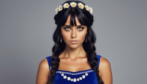A 21st century woman, with brown eyes with tanned skin and black hair with daisy chains in here hair, she’s wearing a royal blue Viking dress