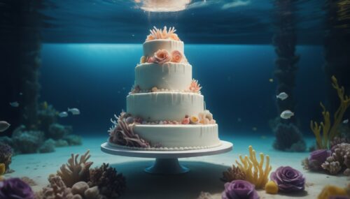 underwater, (((wedding cake))), photography, realistic, photo-realistic, 8k, highly detailed, full length frame, High detail RAW color art, diffused soft lighting, shallow depth of field, sharp focus, hyperrealism, cinematic lighting, knollingcase