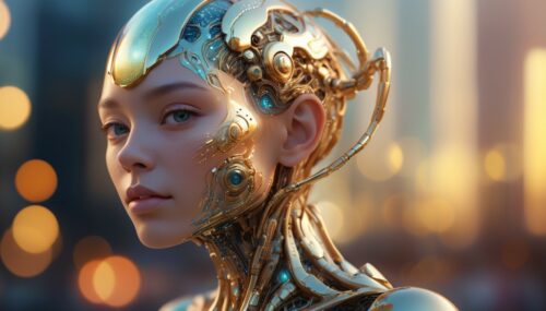 Hyper-realistic medium shot portrait with hyperdimensional artificial humanoid being. beautiful intricately detailed, with regularly textured bioluminescent skin, ornate, hyper futuristic. Character created by artstation, Golden hour, bokeh, creature, digital art by tooth wu and wlop and android jones and beetle and greg rutkowski --s 1000 --c 100 --q 2 --ar 2:3 --v 4