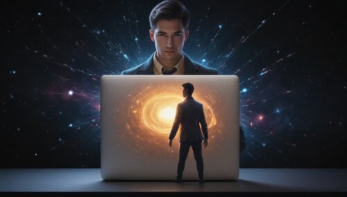 gentleman super powered macbook with JavaScript developer html code js code in background cool universe