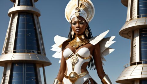 A full body photo of a very beautiful zulu princess of solaris who rules the solar system with divine wisdom, divine love and divine power, angelic face, seductive eyes, pouty thin lips, white-silvery gold zulu traditional style armor, head accessories, standing on top of a new tower Babel of the utopian future that is used to launch spaceships from high above the clouds,HDR, ultra high-detail, bokeh, light bloom, cinematic lighting, illumination, depth of field, concept art, unreal engine 5, RTX, photorealistic