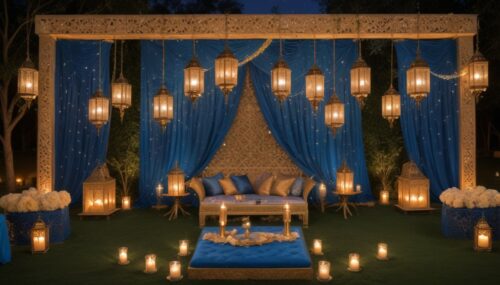 ultra quality, wallpaper 8k for the sangeet ceremony, an outdoor lawn area was decorated with the backdrop frame and sides with Moroccan lamps, and candles in glass. The theme of the decor is blue and gold.