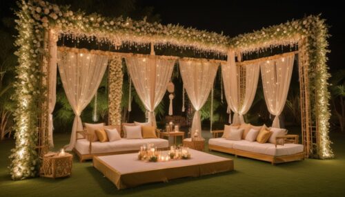 For the sangeet ceremony, an outdoor lawn area was decorated with a stage setup featuring a frame with a chandelier hanging from the top and front decor of candles in glass on the sides. The decor followed a theme of white and gold. There was no seating arrangement of diwan, lounger, or sofa. Generate an ultra-quality 8k, complete with high-resolution wallpapers