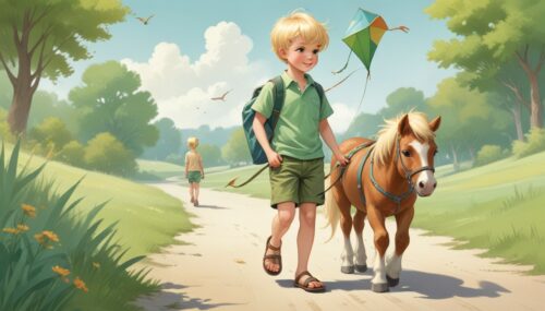 childrens book illustrations, young boy with short blonde hair wearing a green shorts and sandals, walking with his pet pony, the pony has brown fur, the boy is holding a kite, pastel colors, 2D --seed 2420796583 --s 200 --q 1.5