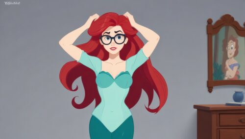 Disney 2D style of Ariel with her brushing her hair in a sense of pain from it pulling. Geeky Glasses on, Standing, transparent --ar 128:69 --s 750 --v 5.2